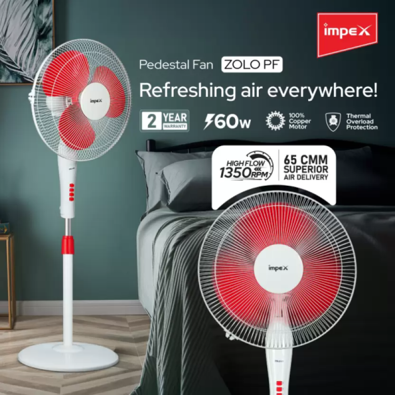 Impex ZOLO Pedastal Fan | 400 mm | 1350 RPM | RED WHITE Impex ZOLO Pedastal Fan | 400 mm | 1350 RPM | RED WHITE