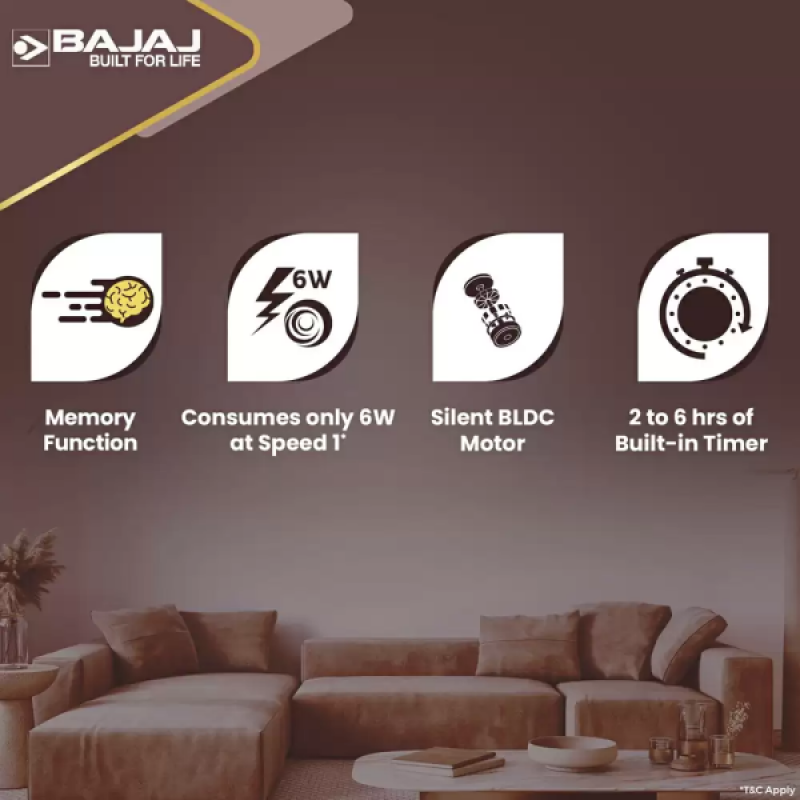 BAJAJ ENERGON PRIME Silent BLDC Ceiling Fan with remote | 5 Star |1200 mm | 3 Blade | DARK WALNUT