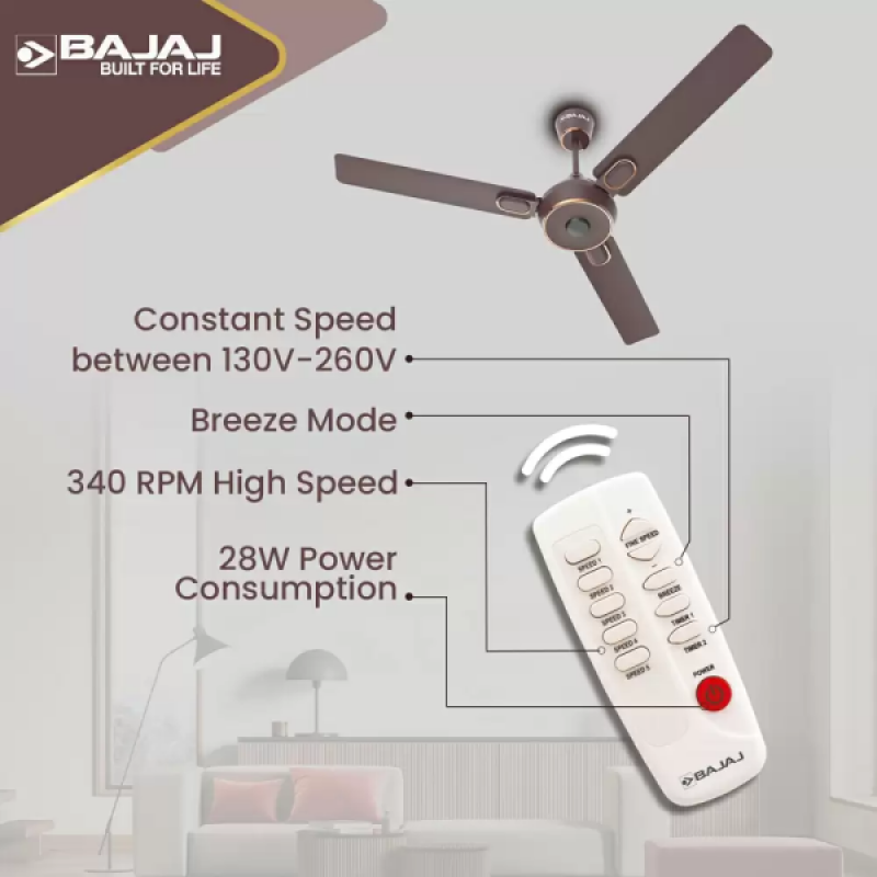 BAJAJ ENERGON PRIME Silent BLDC Ceiling Fan with remote | 5 Star |1200 mm | 3 Blade | DARK WALNUT
