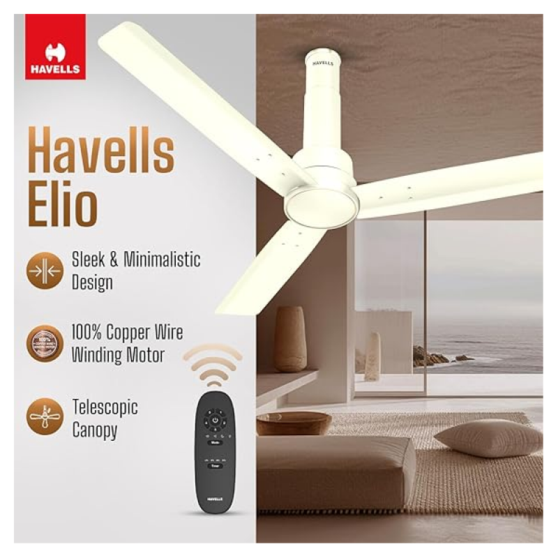 Havells Elio BLDC High Air Ceiling Fan | 1200 mm | Remote Controlled | 5 Star | Bianco Havells Elio BLDC High Air Ceiling Fan | 1200 mm | Remote Controlled | 5 Star | Bianco