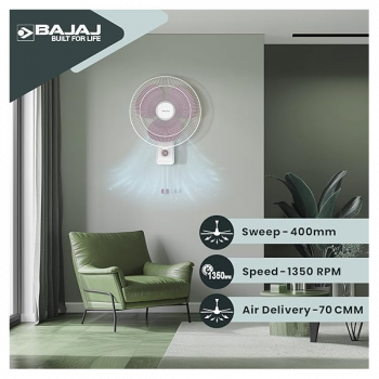 Bajaj Robusto Oscillating Wall Fan | 400mm | High Air Delivery | Modern Décor | Lavender & White