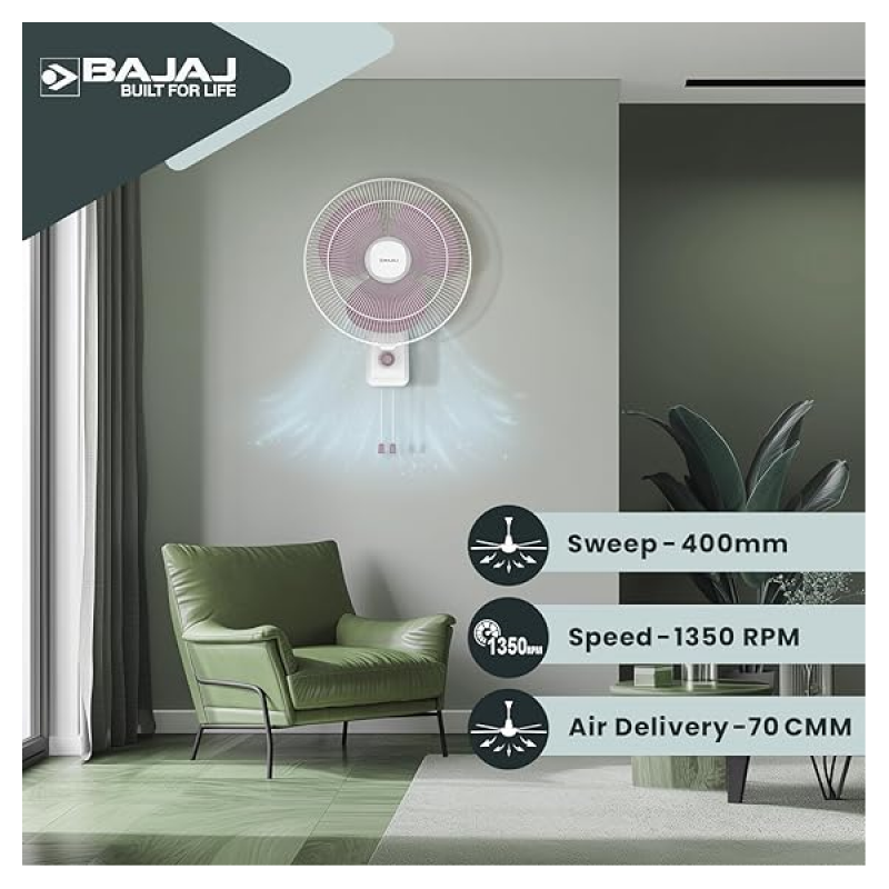 Bajaj Robusto Oscillating Wall Fan | 400mm | High Air Delivery | Modern Décor | Lavender & White Bajaj Robusto Oscillating Wall Fan | 400mm | High Air Delivery | Modern Décor | Lavender & White
