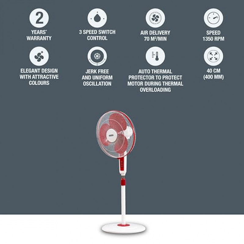 USHA Maxx Air Pedestal Fan | 400 mm | Red & White USHA Maxx Air Pedestal Fan | 400 mm | Red & White