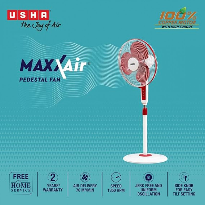 USHA Maxx Air Pedestal Fan | 400 mm | Red & White USHA Maxx Air Pedestal Fan | 400 mm | Red & White