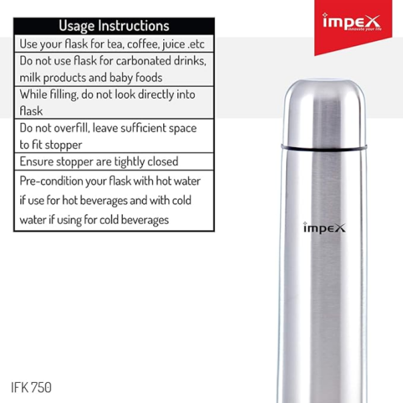 Impex Thermosteel Flask | 750 ml | Silver | IFK 750 Impex Thermosteel Flask | 750 ml | Silver | IFK 750