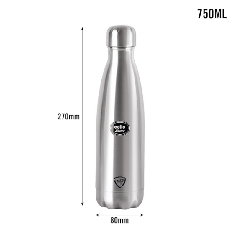 Cello Swift Stainless Steel Double Walled Flask Bottle | Hot & Cold | 750 ml | Silver Cello Swift Stainless Steel Double Walled Flask Bottle | Hot & Cold | 750 ml | Silver