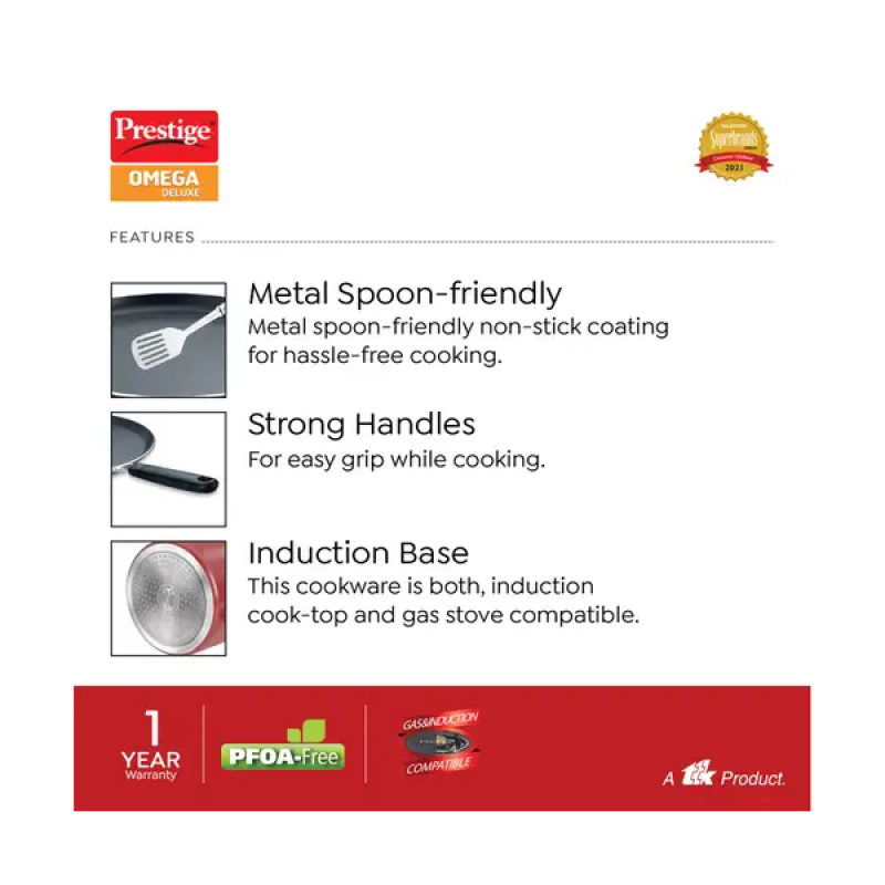 Prestige Omega Deluxe Aluminium Induction Base Non Stick Omni Tawa | 28 cm | Red Prestige Omega Deluxe Aluminium Induction Base Non Stick Omni Tawa | 28 cm | Red