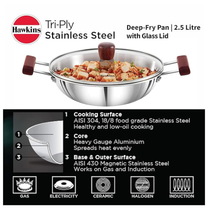 Hawkins Deep Fry Pan | 2.5 Litre | Triply Stainless Steel Kadai | Flat Bottom Induction Kadhai | Silver | SSD25G Hawkins Deep Fry Pan | 2.5 Litre | Triply Stainless Steel Kadai | Flat Bottom Induction Kadhai | Silver | SSD25G