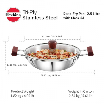 Hawkins Deep Fry Pan | 2.5 Litre | Triply Stainless Steel Kadai | Flat Bottom Induction Kadhai | Silver | SSD25G