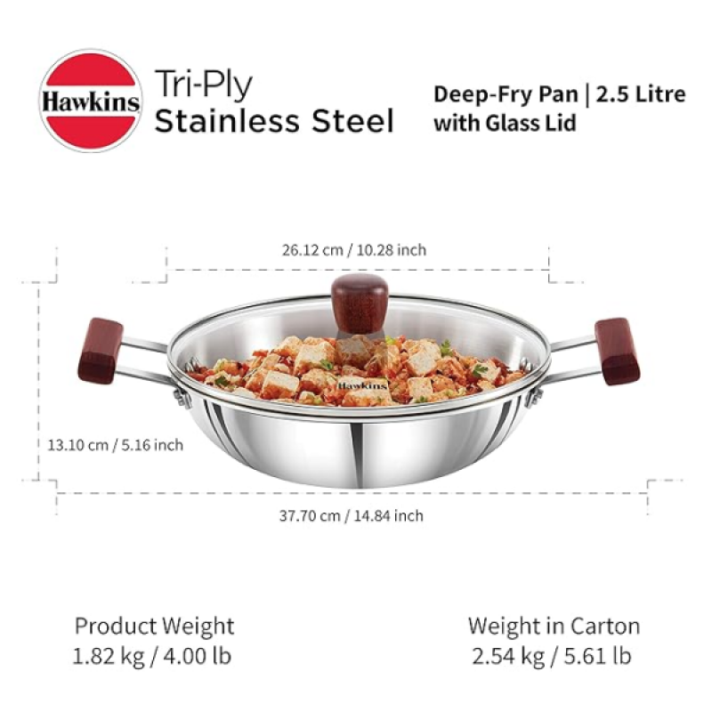 Hawkins Deep Fry Pan | 2.5 Litre | Triply Stainless Steel Kadai | Flat Bottom Induction Kadhai | Silver | SSD25G Hawkins Deep Fry Pan | 2.5 Litre | Triply Stainless Steel Kadai | Flat Bottom Induction Kadhai | Silver | SSD25G