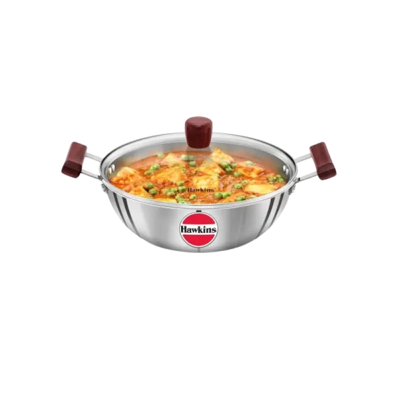 Hawkins Tri-Ply Stainless Steel Deep Fry Pan Glass Kadhai | 28 cm | 4 L | 3 mm Hawkins Tri-Ply Stainless Steel Deep Fry Pan Glass Kadhai | 28 cm | 4 L | 3 mm