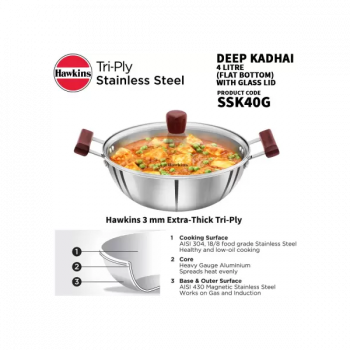Hawkins Tri-Ply Stainless Steel Deep Fry Pan Glass Kadhai | 28 cm | 4 L | 3 mm Hawkins Tri-Ply Stainless Steel Deep Fry Pan Glass Kadhai | 28 cm | 4 L | 3 mm