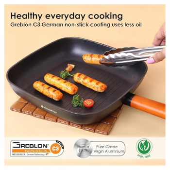 Wonderchef Caesar Forged Virgin Aluminium Grill Pan | 24cm | Greblon C3 | Non-stick Coating | PFOA Free German Beechwood Handles | Black Wonderchef Caesar Forged Virgin Aluminium Grill Pan | 24cm | Greblon C3 | Non-stick Coating | PFOA Free German Beechwood Handles | Black