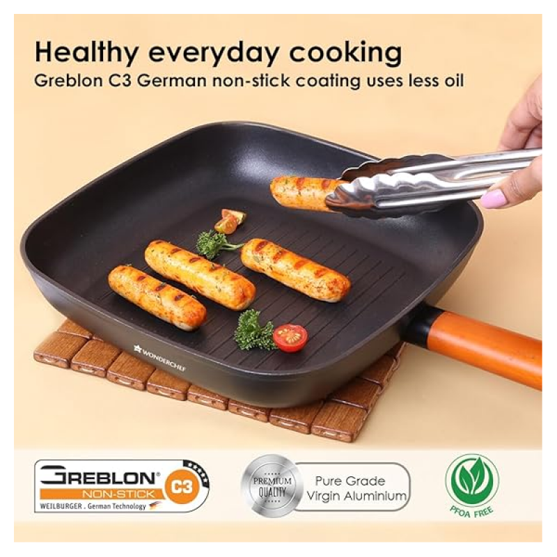 Wonderchef Caesar Forged Virgin Aluminium Grill Pan | 24cm | Greblon C3 | Non-stick Coating | PFOA Free German Beechwood Handles | Black Wonderchef Caesar Forged Virgin Aluminium Grill Pan | 24cm | Greblon C3 | Non-stick Coating | PFOA Free German Beechwood Handles | Black