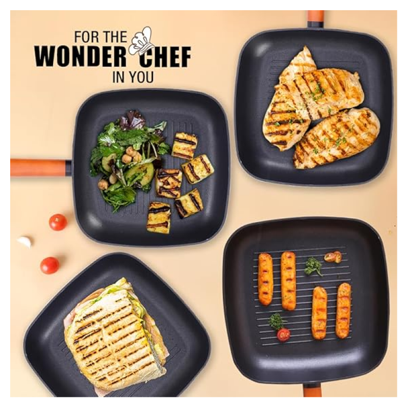 Wonderchef Caesar Forged Virgin Aluminium Grill Pan | 24cm | Greblon C3 | Non-stick Coating | PFOA Free German Beechwood Handles | Black Wonderchef Caesar Forged Virgin Aluminium Grill Pan | 24cm | Greblon C3 | Non-stick Coating | PFOA Free German Beechwood Handles | Black