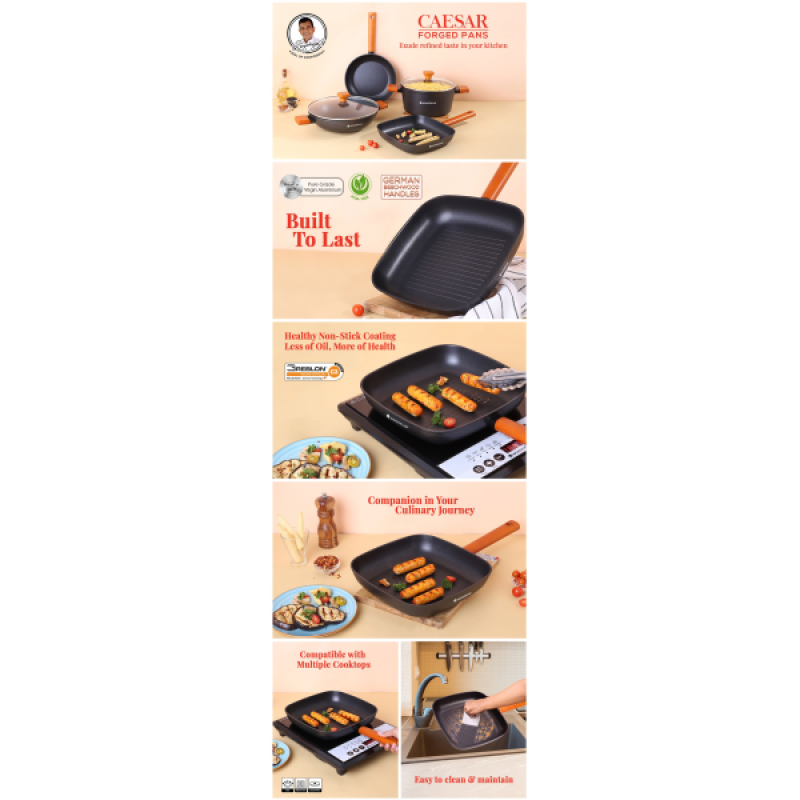 Wonderchef Caesar Forged Virgin Aluminium Grill Pan | 24cm | Greblon C3 | Non-stick Coating | PFOA Free German Beechwood Handles | Black Wonderchef Caesar Forged Virgin Aluminium Grill Pan | 24cm | Greblon C3 | Non-stick Coating | PFOA Free German Beechwood Handles | Black