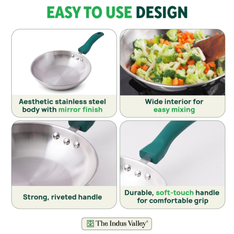 The Indus Valley Stainless Steel Capsule Fry pan |1.5Ltr | Green Bakelite Handle | 22 CM The Indus Valley Stainless Steel Capsule Fry pan |1.5Ltr | Green Bakelite Handle | 22 CM