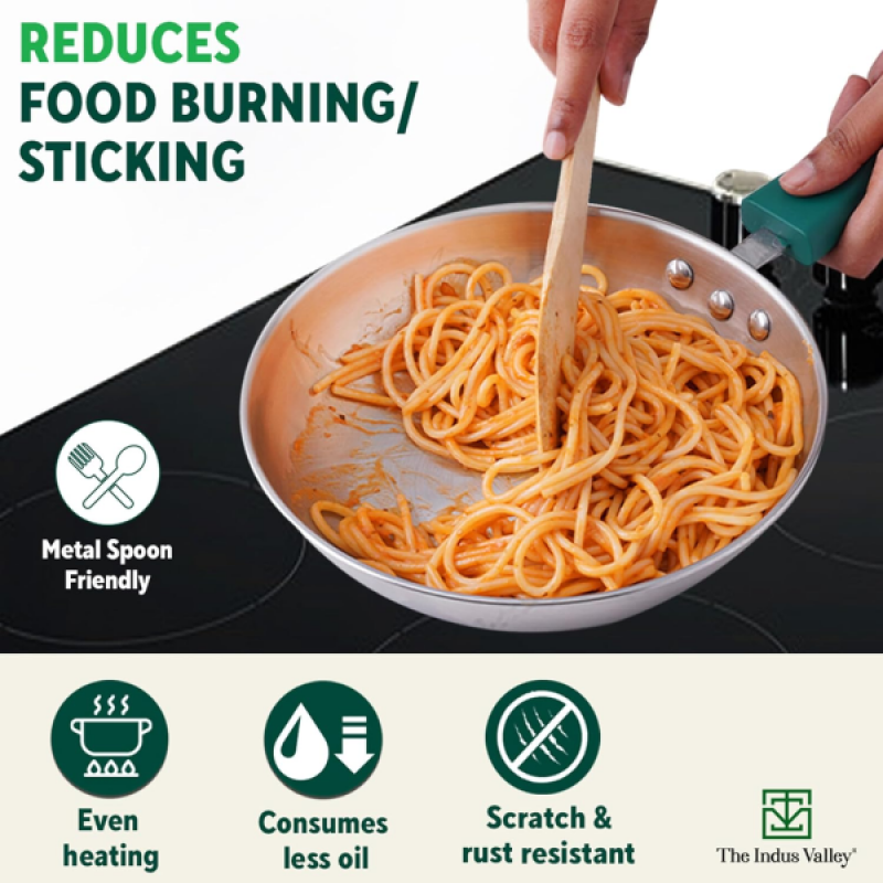 The Indus Valley Stainless Steel Capsule Fry pan |1.5Ltr | Green Bakelite Handle | 22 CM The Indus Valley Stainless Steel Capsule Fry pan |1.5Ltr | Green Bakelite Handle | 22 CM