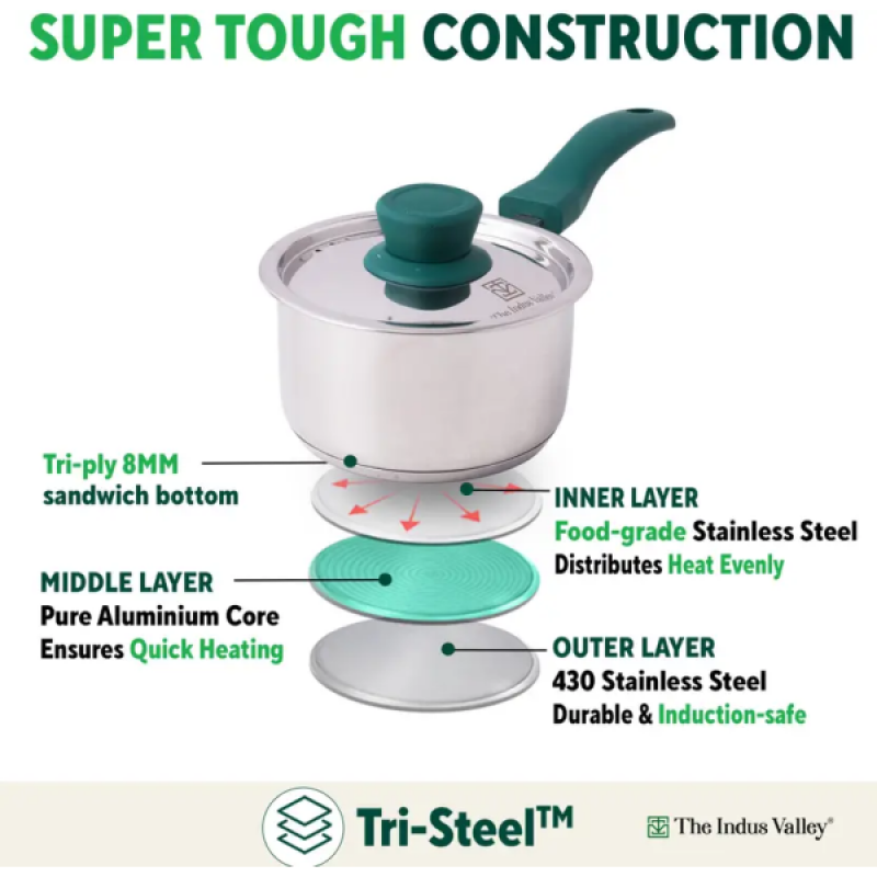The Indus Valley Stainless Steel Bottom Saucepan | 14 cm | Green Bakelite The Indus Valley Stainless Steel Bottom Saucepan | 14 cm | Green Bakelite