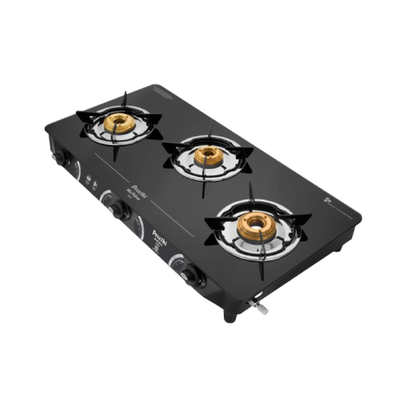 Preethi Zeal glass top 3 burner gas stove | Manual Ignition | Black | GTS124 Preethi Zeal glass top 3 burner gas stove | Manual Ignition | Black | GTS124