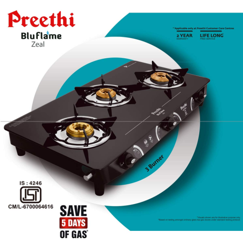 Preethi Zeal glass top 3 burner gas stove | Manual Ignition | Black | GTS124 Preethi Zeal glass top 3 burner gas stove | Manual Ignition | Black | GTS124