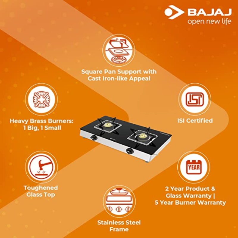 Bajaj Stainless Steel Glass Top Gas Stove | 2 Brass Burner | Black | 2BRGS7 Bajaj Stainless Steel Glass Top Gas Stove | 2 Brass Burner | Black | 2BRGS7