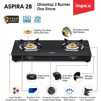 IMPEX ASPIRA 2B Glasstop Stainless Steel Manual Gas Stove | 2 Burner | Black