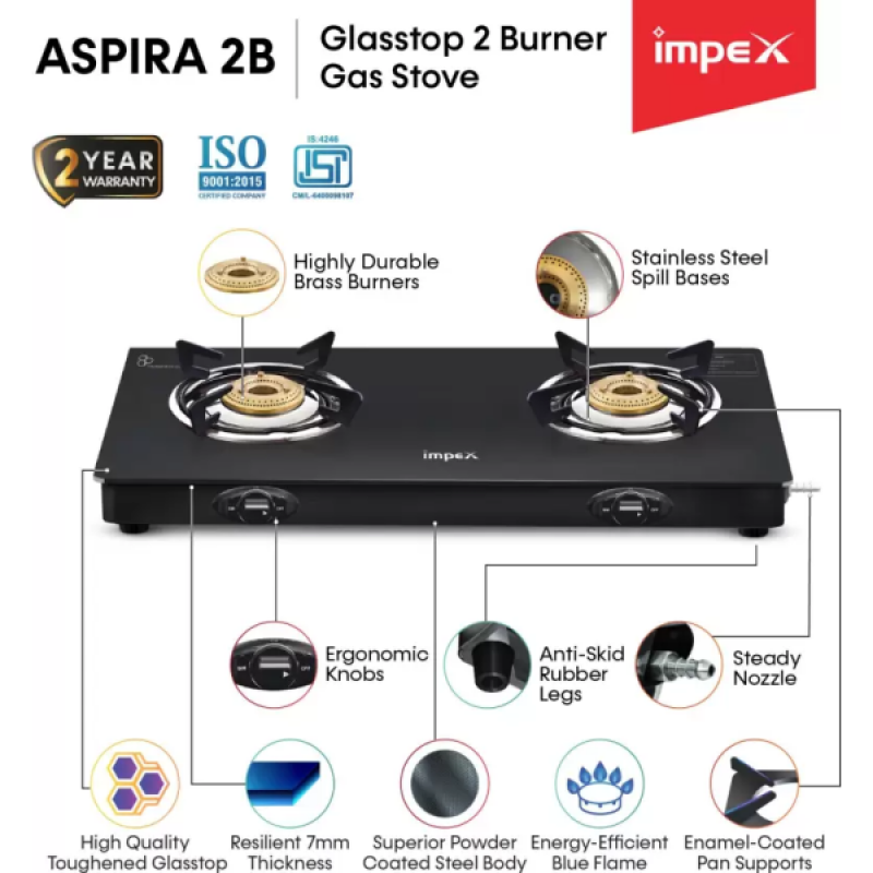 IMPEX ASPIRA 2B Glasstop Stainless Steel Manual Gas Stove | 2 Burner | Black IMPEX ASPIRA 2B Glasstop Stainless Steel Manual Gas Stove | 2 Burner | Black