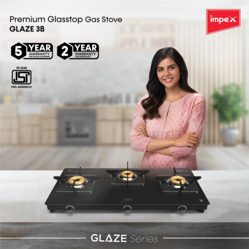 Impex Glasstop Glaze 3B Gas Stove | 3 Burner | Gas stove Impex Glasstop Glaze 3B Gas Stove | 3 Burner | Gas stove