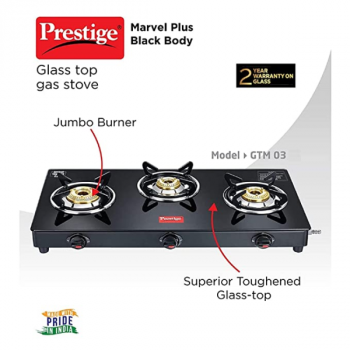 Prestige Marvel Plus Glass top Gas Stove | 3 Burner | GTM 03 | Black Prestige Marvel Plus Glass top Gas Stove | 3 Burner | GTM 03 | Black