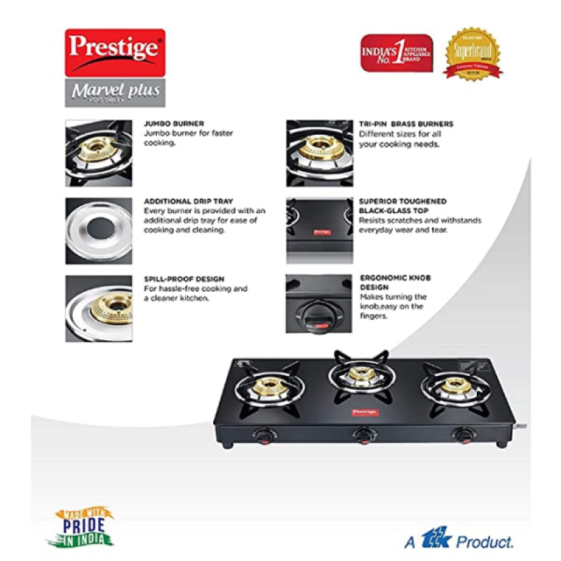 Prestige Marvel Plus Glass top Gas Stove | 3 Burner | GTM 03 | Black Prestige Marvel Plus Glass top Gas Stove | 3 Burner | GTM 03 | Black