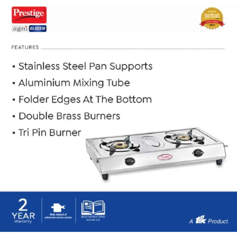 Prestige Agni Classic Manual Gas Stove | 2 Burners | Stainless Steel Prestige Agni Classic Manual Gas Stove | 2 Burners | Stainless Steel