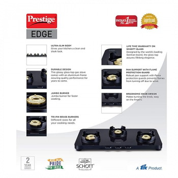 Prestige Gas Stove | EdgeSchott | Glass-Top | 3 Brass Burner | Ultra-Slim Body | Black Prestige Gas Stove | EdgeSchott | Glass-Top | 3 Brass Burner | Ultra-Slim Body | Black