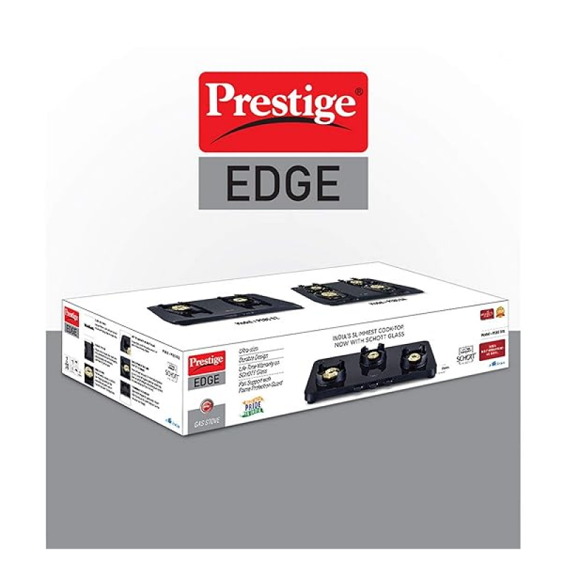 Prestige Gas Stove | EdgeSchott | Glass-Top | 3 Brass Burner | Ultra-Slim Body | Black Prestige Gas Stove | EdgeSchott | Glass-Top | 3 Brass Burner | Ultra-Slim Body | Black