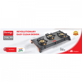 Prestige Svachh Glass Top Gas Stove | 3 Burners | Liftable Burners | GTSB-03 Prestige Svachh Glass Top Gas Stove | 3 Burners | Liftable Burners | GTSB-03