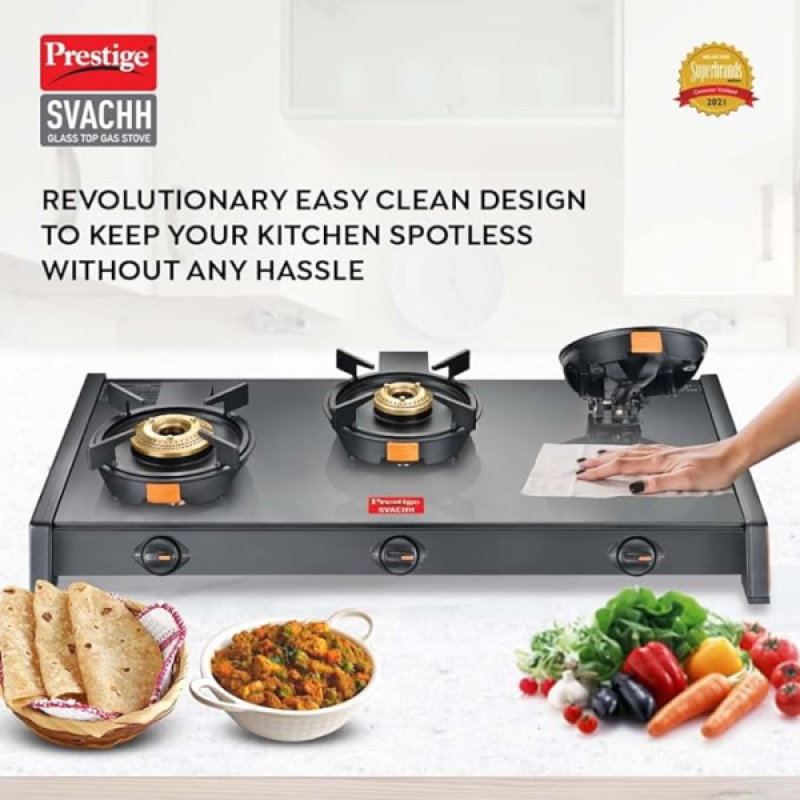 Prestige Svachh Glass Top Gas Stove | 3 Burners | Liftable Burners | GTSB-03 Prestige Svachh Glass Top Gas Stove | 3 Burners | Liftable Burners | GTSB-03