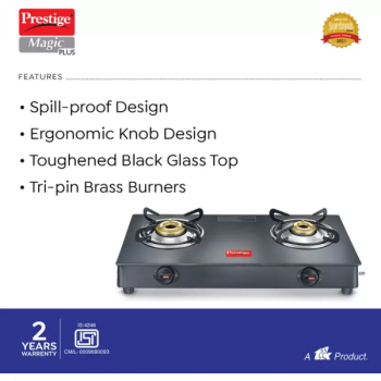 Prestige Magic Plus Glass Manual Gas Stove | 2 Burners | Black | GTMP 02 Prestige Magic Plus Glass Manual Gas Stove | 2 Burners | Black | GTMP 02