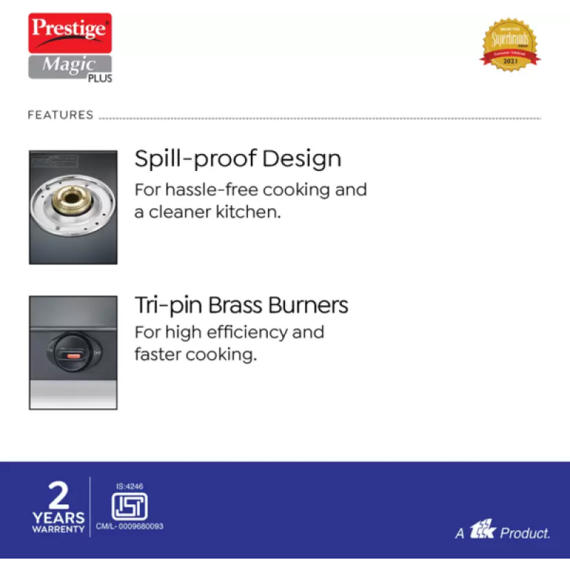 Prestige Magic Plus Glass Manual Gas Stove | 2 Burners | Black | GTMP 02 Prestige Magic Plus Glass Manual Gas Stove | 2 Burners | Black | GTMP 02