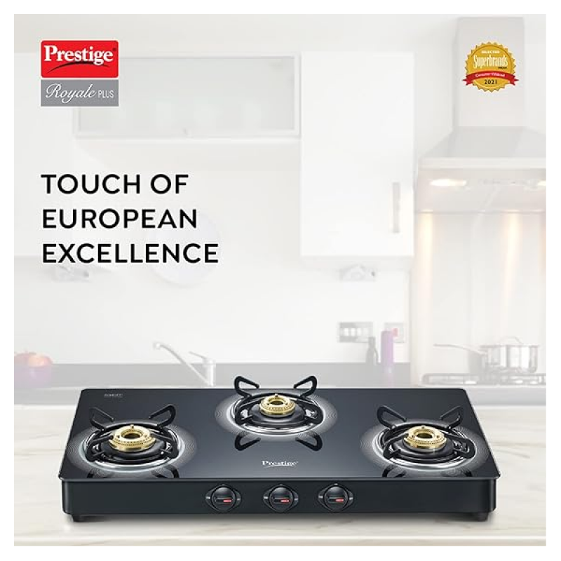 Prestige Royale Plus Toughened Black Glass Top Gas Stove | 3 Burners | 40513 Prestige Royale Plus Toughened Black Glass Top Gas Stove | 3 Burners | 40513