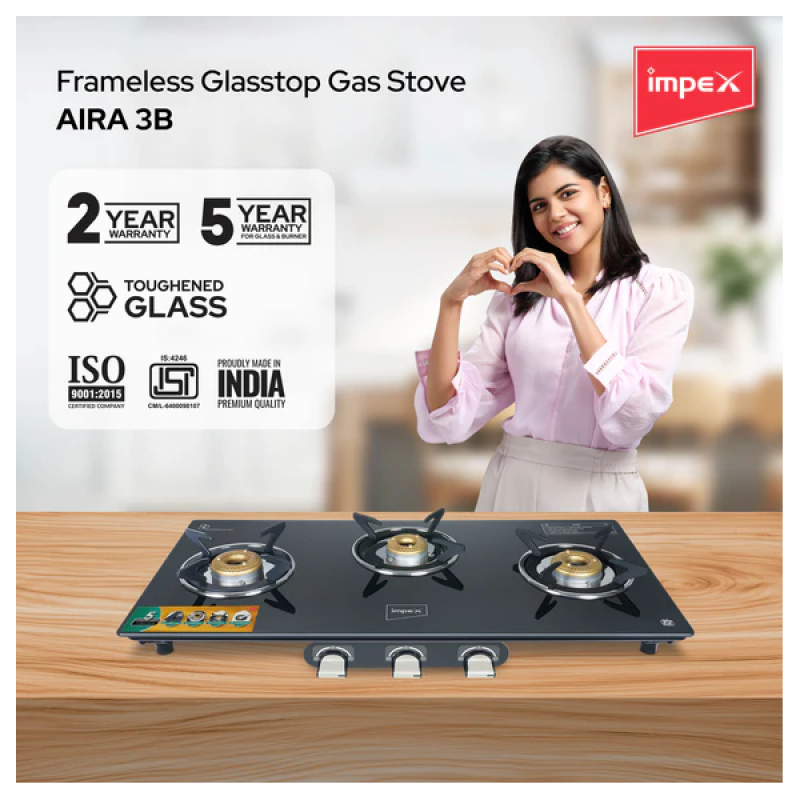 Impex AIRA Frameless Glass top Gas Stove | Black | 3 Burner Impex AIRA Frameless Glass top Gas Stove | Black | 3 Burner