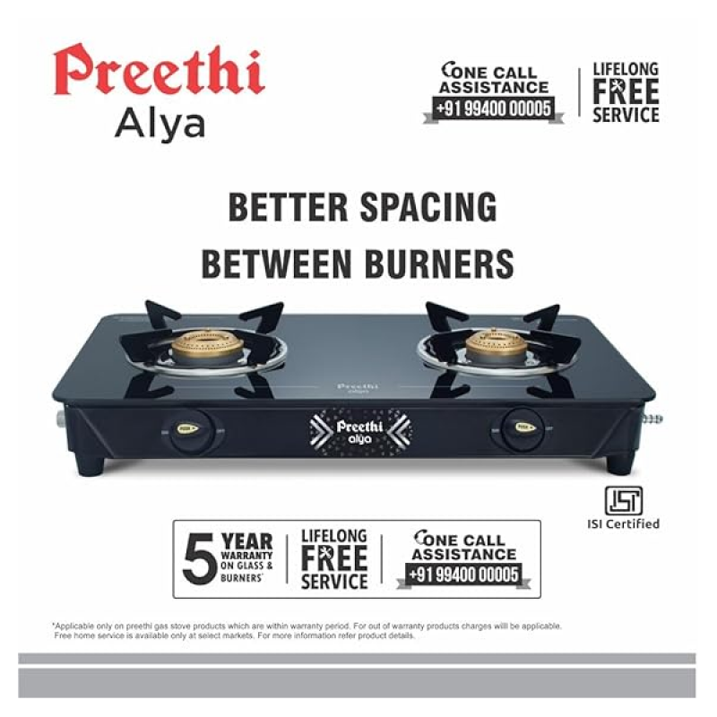 Preethi Alya 2.0 Glass Top Gas Stove | 2 Burner | Manual Ignition Bati Stand | Black Preethi Alya 2.0 Glass Top Gas Stove | 2 Burner | Manual Ignition Bati Stand | Black