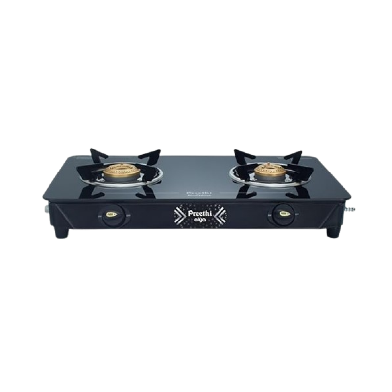 Preethi Alya 2.0 Glass Top Gas Stove | 2 Burner | Manual Ignition Bati Stand | Black