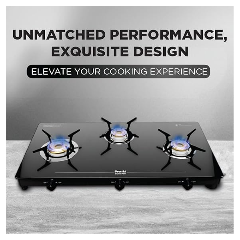 Preethi Luxe Pro Glass Top Gas Stove | 3 Burner | Black Preethi Luxe Pro Glass Top Gas Stove | 3 Burner | Black