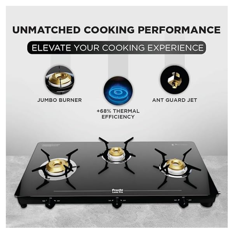 Preethi Luxe Pro Glass Top Gas Stove | 3 Burner | Black Preethi Luxe Pro Glass Top Gas Stove | 3 Burner | Black