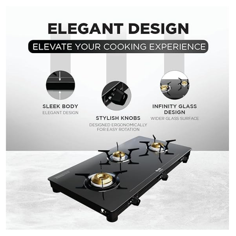 Preethi Luxe Pro Glass Top Gas Stove | 3 Burner | Black Preethi Luxe Pro Glass Top Gas Stove | 3 Burner | Black