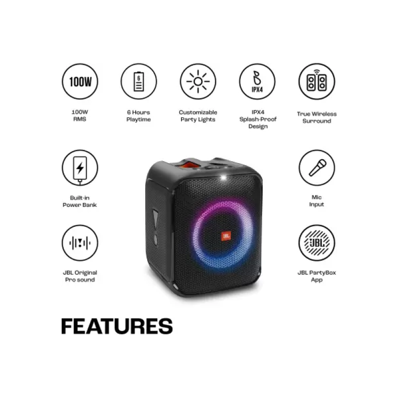 JBL PartyBox Encore Essential Music Synced Strobe Lightshow | PartyBox App 100 W Bluetooth Party Speaker | Black JBL PartyBox Encore Essential Music Synced Strobe Lightshow | PartyBox App 100 W Bluetooth Party Speaker | Black