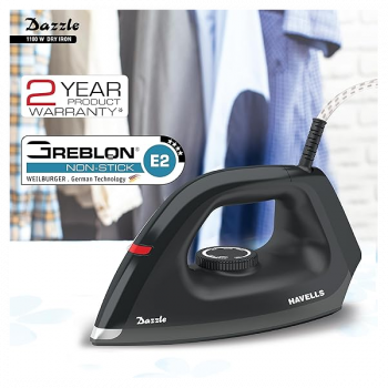 Havells Dry Iron Dazzle | 1100W | Press German Technology Non Sick Coated Sole Plate | Black