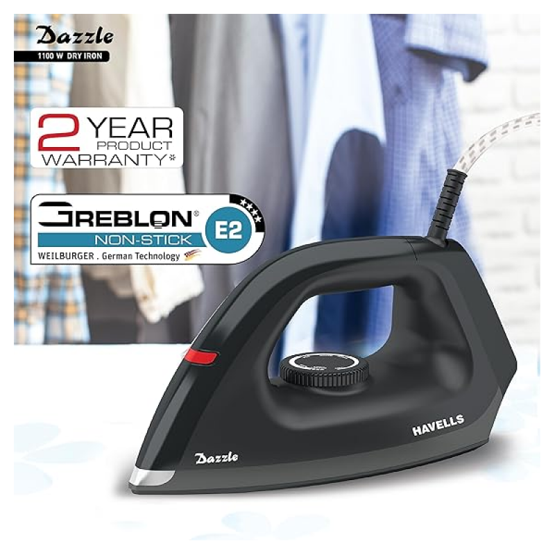 Havells Dry Iron Dazzle | 1100W | Press German Technology Non Sick Coated Sole Plate | Black Havells Dry Iron Dazzle | 1100W | Press German Technology Non Sick Coated Sole Plate | Black