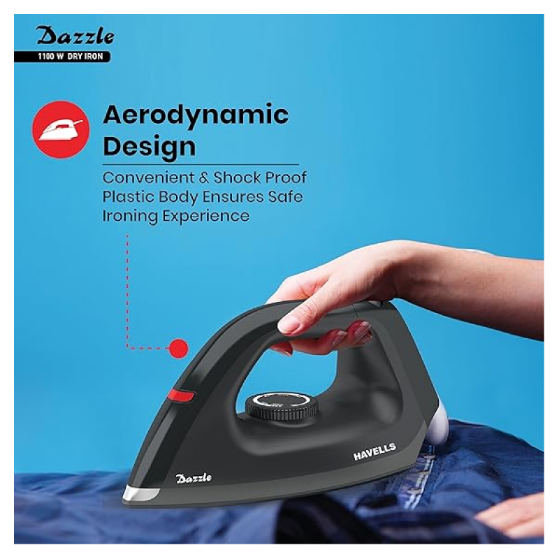 Havells Dry Iron Dazzle | 1100W | Press German Technology Non Sick Coated Sole Plate | Black Havells Dry Iron Dazzle | 1100W | Press German Technology Non Sick Coated Sole Plate | Black