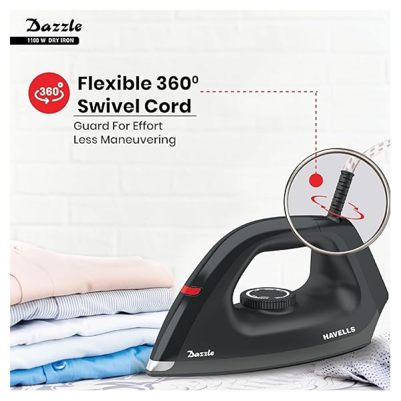 Havells Dry Iron Dazzle | 1100W | Press German Technology Non Sick Coated Sole Plate | Black Havells Dry Iron Dazzle | 1100W | Press German Technology Non Sick Coated Sole Plate | Black